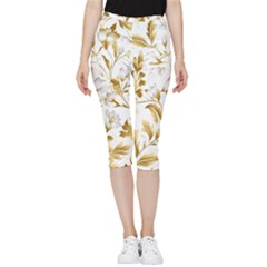 Flowers Gold Floral Inside Out Lightweight Velour Capri Leggings  by Vaneshop