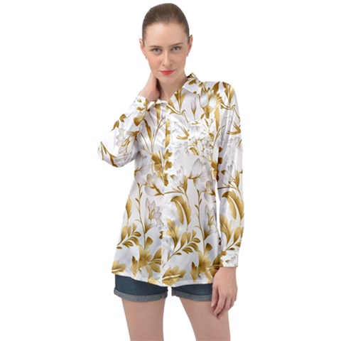 Flowers Gold Floral Long Sleeve Satin Shirt by Vaneshop