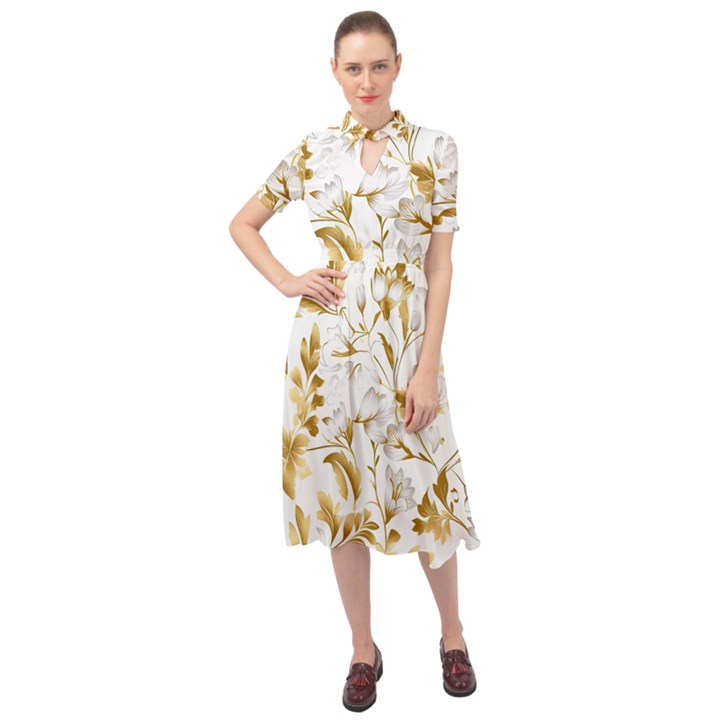 Flowers Gold Floral Keyhole Neckline Chiffon Dress