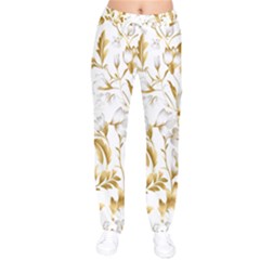 Flowers Gold Floral Women Velvet Drawstring Pants by Vaneshop