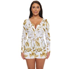 Flowers Gold Floral Long Sleeve Boyleg Swimsuit