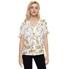 Flowers Gold Floral Bow Sleeve Button Up Top