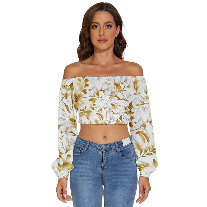 Flowers Gold Floral Long Sleeve Crinkled Weave Crop Top