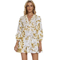 Flowers Gold Floral V-neck Placket Mini Dress by Vaneshop