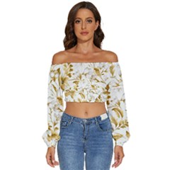 Flowers Gold Floral Long Sleeve Crinkled Weave Crop Top by Vaneshop