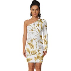 Flowers Gold Floral Long Sleeve One Shoulder Mini Dress by Vaneshop