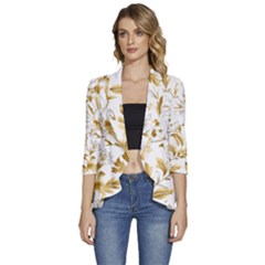 Flowers Gold Floral Women s 3/4 Sleeve Ruffle Edge Open Front Jacket by Vaneshop