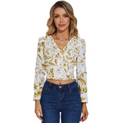 Flowers Gold Floral Long Sleeve V-neck Top by Vaneshop