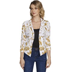 Flowers Gold Floral Women s Casual 3/4 Sleeve Spring Jacket