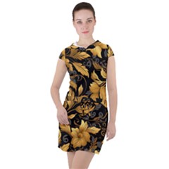 Flower Gold Floral Drawstring Hooded Dress by Vaneshop