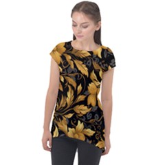 Flower Gold Floral Cap Sleeve High Low Top by Vaneshop