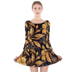 Flower Gold Floral Long Sleeve Velvet Skater Dress