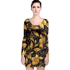 Flower Gold Floral Long Sleeve Velvet Bodycon Dress by Vaneshop