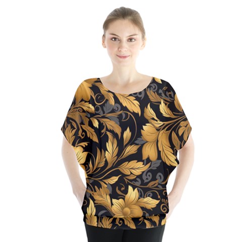 Flower Gold Floral Batwing Chiffon Blouse by Vaneshop