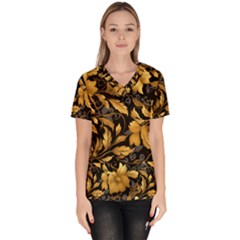 Flower Gold Floral Women s V-neck Scrub Top by Vaneshop