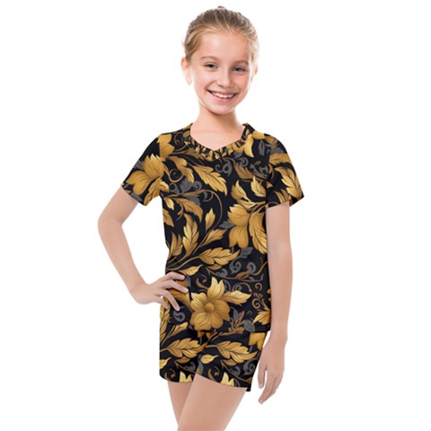 Flower Gold Floral Kids  Mesh Tee And Shorts Set by Vaneshop