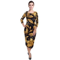 Flower Gold Floral Quarter Sleeve Midi Velour Bodycon Dress