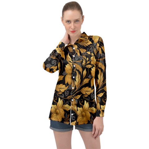 Flower Gold Floral Long Sleeve Satin Shirt by Vaneshop