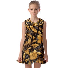 Flower Gold Floral Kids  Pilgrim Collar Ruffle Hem Dress by Vaneshop