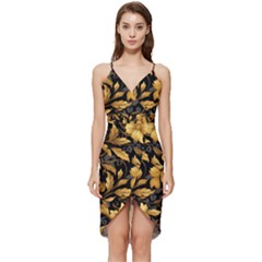 Flower Gold Floral Wrap Frill Dress by Vaneshop