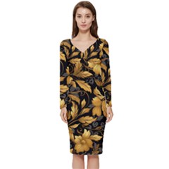 Flower Gold Floral Long Sleeve V-neck Bodycon Dress 