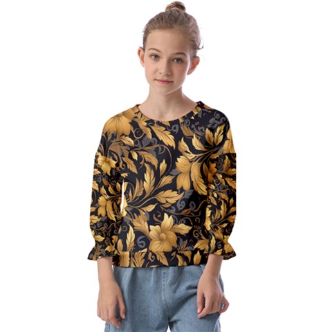 Flower Gold Floral Kids  Cuff Sleeve Top by Vaneshop