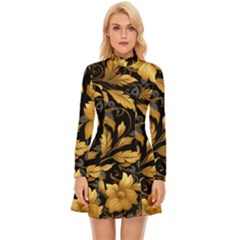 Flower Gold Floral Long Sleeve Velour Longline Dress by Vaneshop