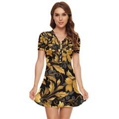 Flower Gold Floral V-neck High Waist Chiffon Mini Dress by Vaneshop