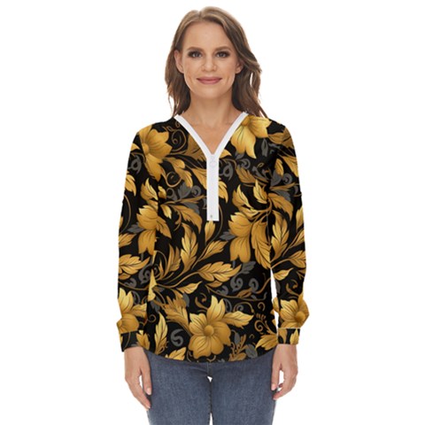 Flower Gold Floral Zip Up Long Sleeve Blouse by Vaneshop