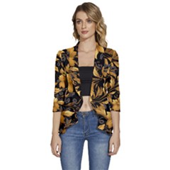 Flower Gold Floral Women s 3/4 Sleeve Ruffle Edge Open Front Jacket by Vaneshop