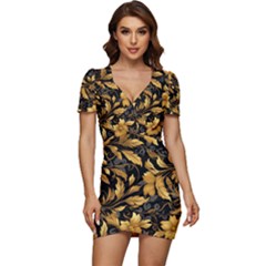 Flower Gold Floral Low Cut Cap Sleeve Mini Dress by Vaneshop