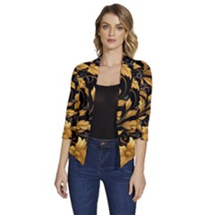 Flower Gold Floral Women s Draped Front 3/4 Sleeve Shawl Collar Jacket