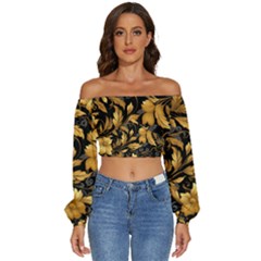 Flower Gold Floral Long Sleeve Crinkled Weave Crop Top by Vaneshop