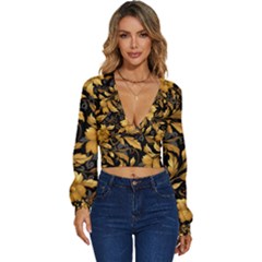 Flower Gold Floral Long Sleeve Deep-v Velour Top by Vaneshop