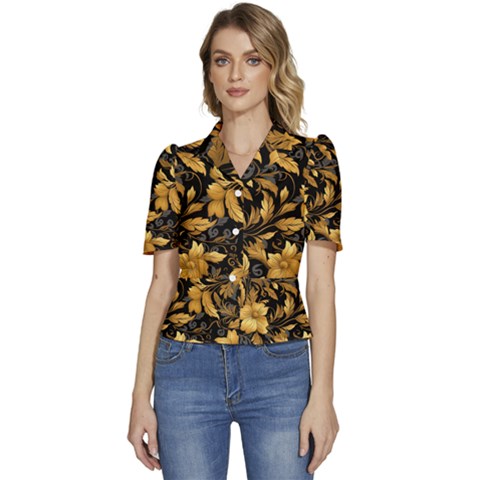 Flower Gold Floral Puffed Short Sleeve Button Up Jacket by Vaneshop