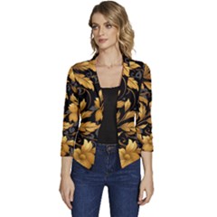 Flower Gold Floral Women s Casual 3/4 Sleeve Spring Jacket