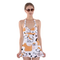 Seamless Pattern Of Cute Dog Puppy Cartoon Funny And Happy Halter Dress Swimsuit  by Wav3s