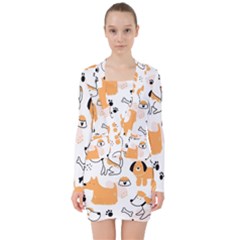 Seamless Pattern Of Cute Dog Puppy Cartoon Funny And Happy V-neck Bodycon Long Sleeve Dress by Wav3s