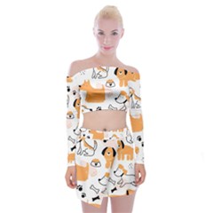 Seamless Pattern Of Cute Dog Puppy Cartoon Funny And Happy Off Shoulder Top With Mini Skirt Set