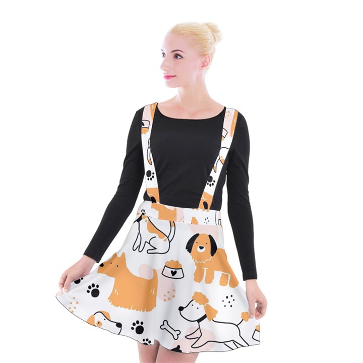 Seamless Pattern Of Cute Dog Puppy Cartoon Funny And Happy Suspender Skater Skirt