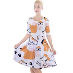 Seamless Pattern Of Cute Dog Puppy Cartoon Funny And Happy Quarter Sleeve A-line Dress