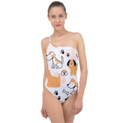 Seamless Pattern Of Cute Dog Puppy Cartoon Funny And Happy Classic One Shoulder Swimsuit by Wav3s