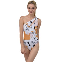 Seamless Pattern Of Cute Dog Puppy Cartoon Funny And Happy To One Side Swimsuit by Wav3s