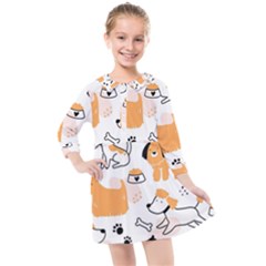 Seamless Pattern Of Cute Dog Puppy Cartoon Funny And Happy Kids  Quarter Sleeve Shirt Dress by Wav3s