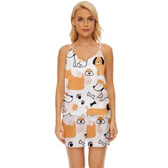 Seamless Pattern Of Cute Dog Puppy Cartoon Funny And Happy V-neck Satin Pajamas Set by Wav3s