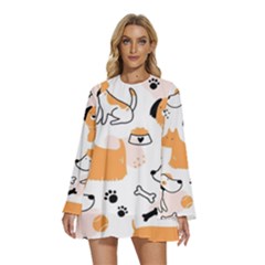 Seamless Pattern Of Cute Dog Puppy Cartoon Funny And Happy Round Neck Long Sleeve Bohemian Style Chiffon Mini Dress