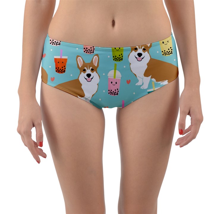 Welsh Corgi Boba Tea Bubble Cute Kawaii Dog Breed Reversible Mid-Waist Bikini Bottoms