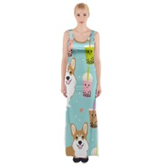 Welsh Corgi Boba Tea Bubble Cute Kawaii Dog Breed Thigh Split Maxi Dress by Wav3s