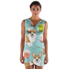 Welsh Corgi Boba Tea Bubble Cute Kawaii Dog Breed Wrap Front Bodycon Dress by Wav3s