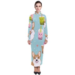 Welsh Corgi Boba Tea Bubble Cute Kawaii Dog Breed Turtleneck Maxi Dress by Wav3s